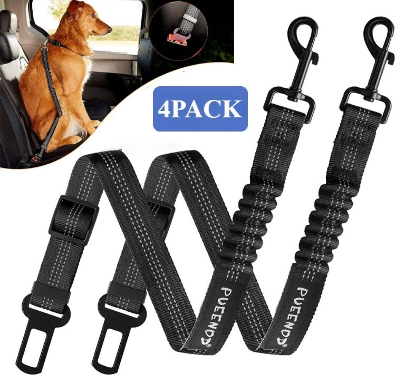4Pcs Elastic Pet Seat Belt – Adjustable, Durable & Hassle-Free Safety Harness for Dogs & Cats